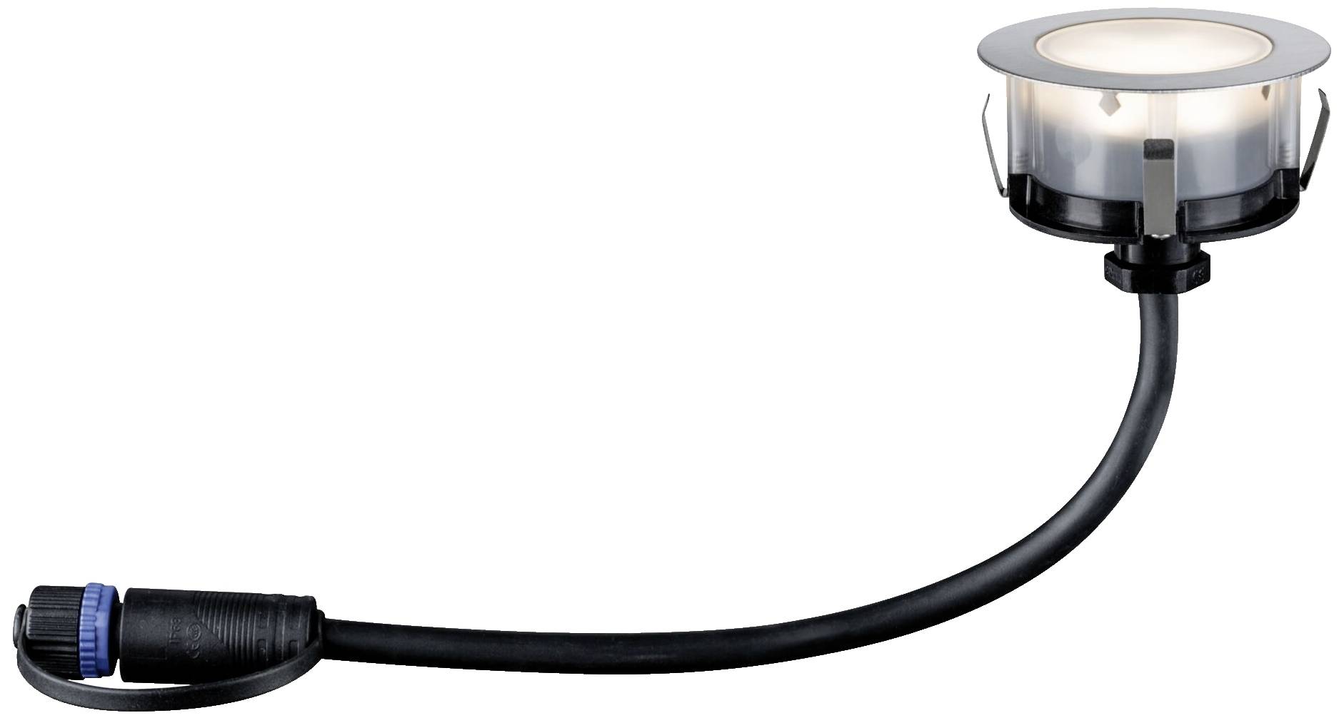 Eine runde Einbauleuchte mit schwarzem Gehäuse und transparentem Abdeckglas, verbunden durch ein schwarzes Kabel mit einem blauen Stecker.