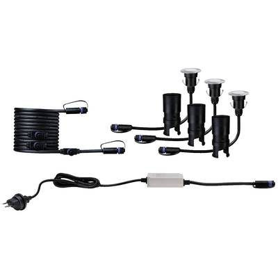 Gartenbeleuchtungsset: Vier schwarze LED-Lampen mit Kabeln und Anschlusssteckern, zusammen mit einem Stromkabel und Adapter.