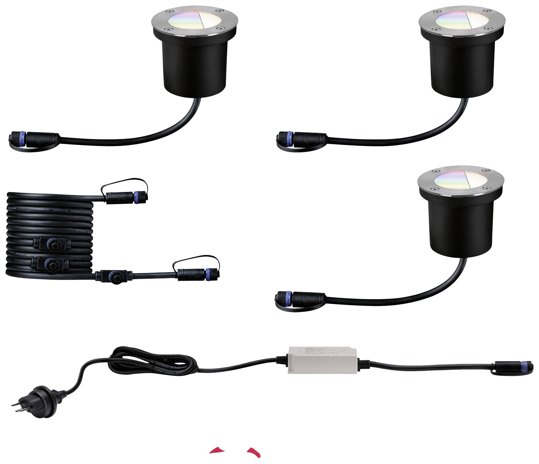 LED-Erdspießleuchten-Set mit drei Leuchten, Kabel und Stecker. Geeignet für Gartenbeleuchtung, mehrfarbig einstellbar.
