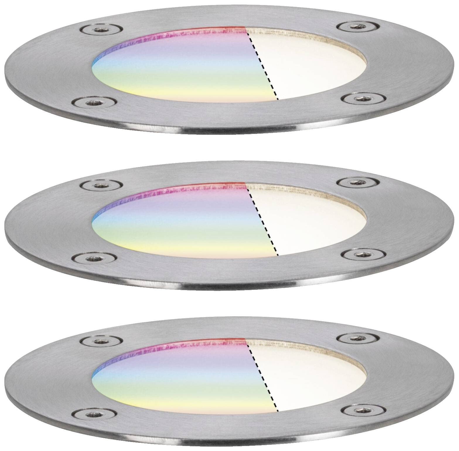 Drei metallische Scheiben mit zentralen Öffnungen zeigen unterschiedliche Regenbogeneffekte auf einer halbierten Oberfläche.