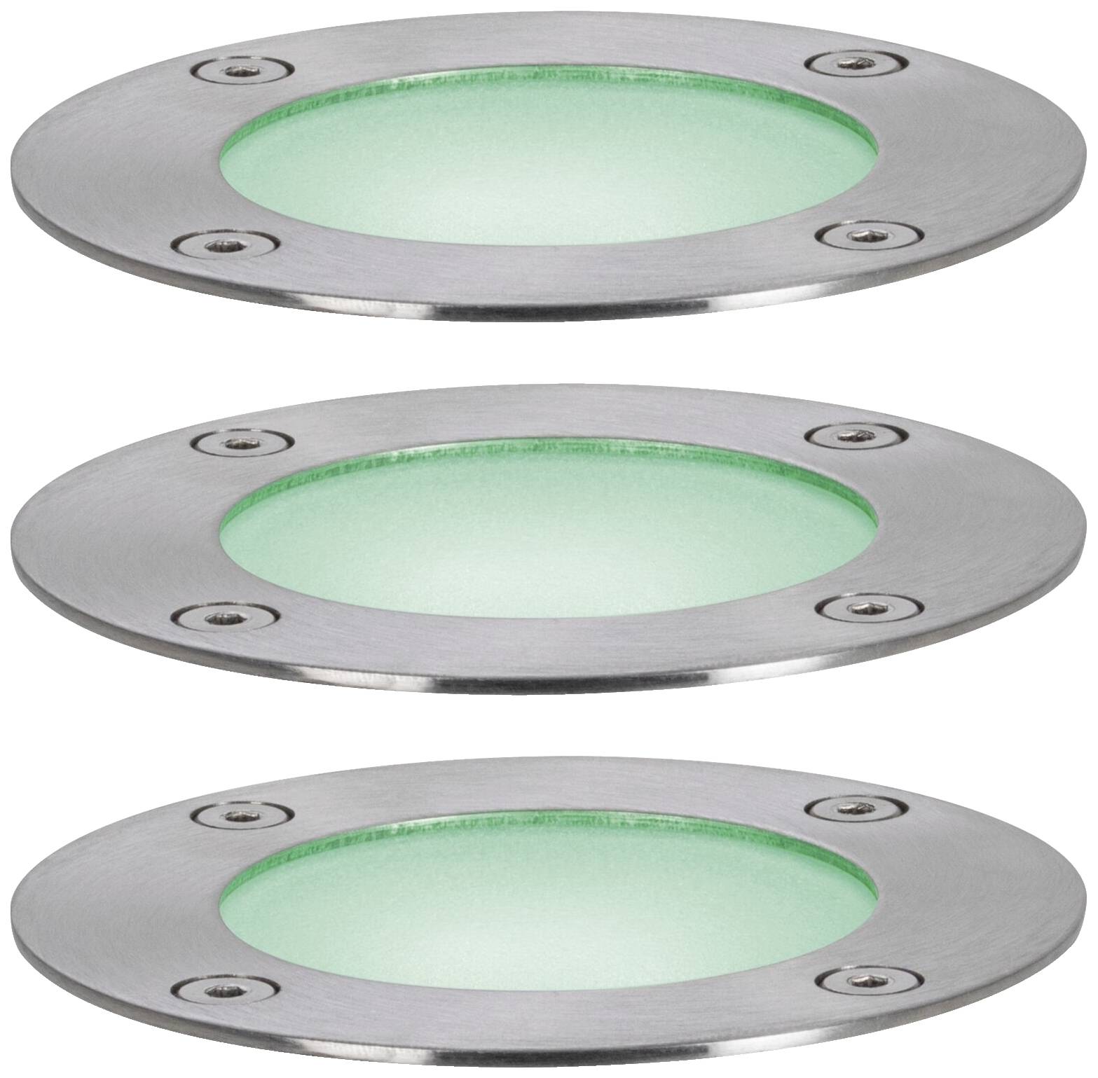Drei runde, silberne LED-Bodenleuchten mit grün beleuchteten Glasflächen. Ideal für Außenbereiche oder Gehwege.