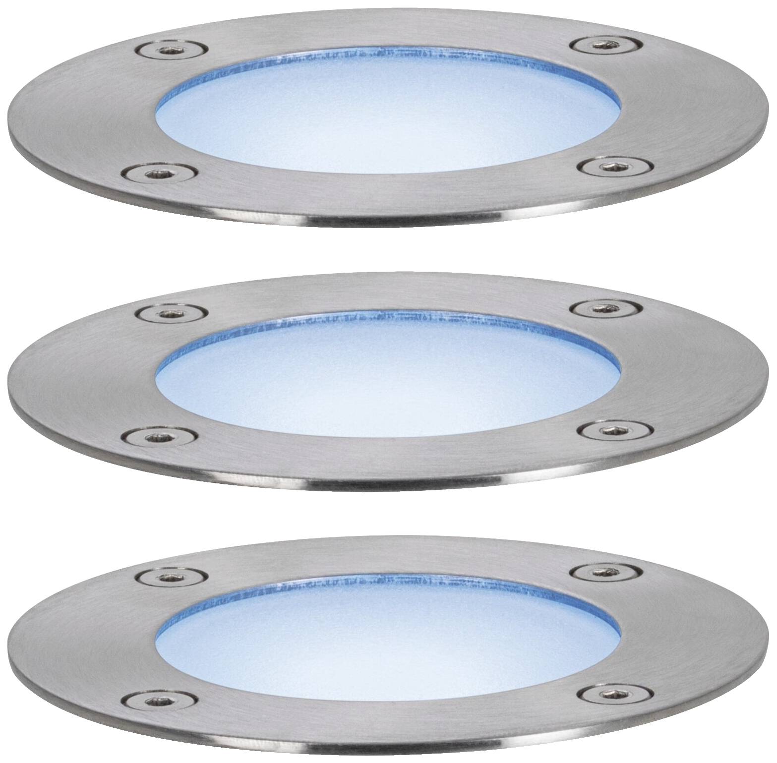 Drei runde LED-Bodenleuchten aus Metall in einer vertikalen Anordnung, leuchten blau und sind jeweils von vier Schrauben umgeben.