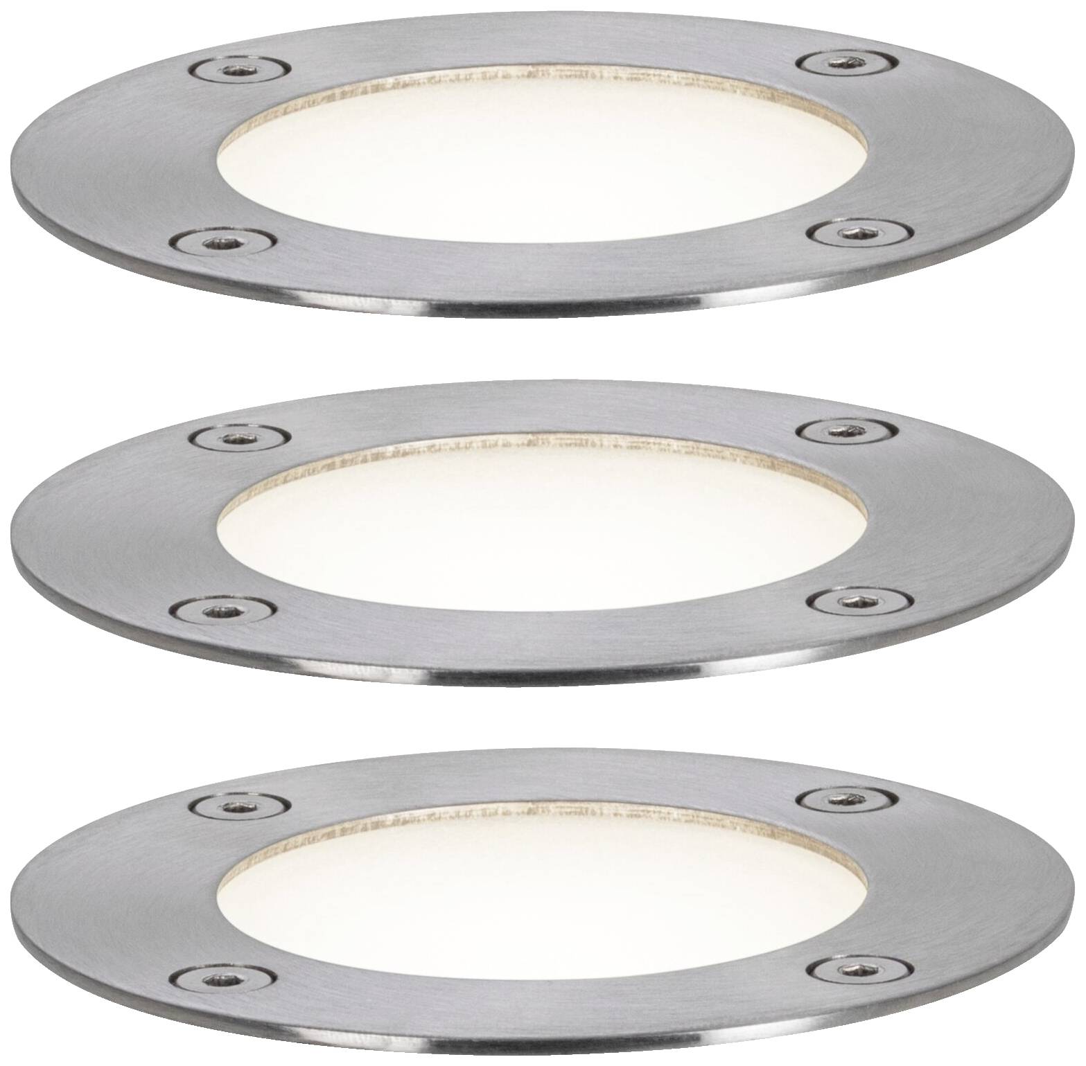 Drei runde, flache LED-Bodenleuchten aus Metall, geeignet für den Außenbereich. Sie strahlen ein gleichmäßiges, weißes Licht aus.