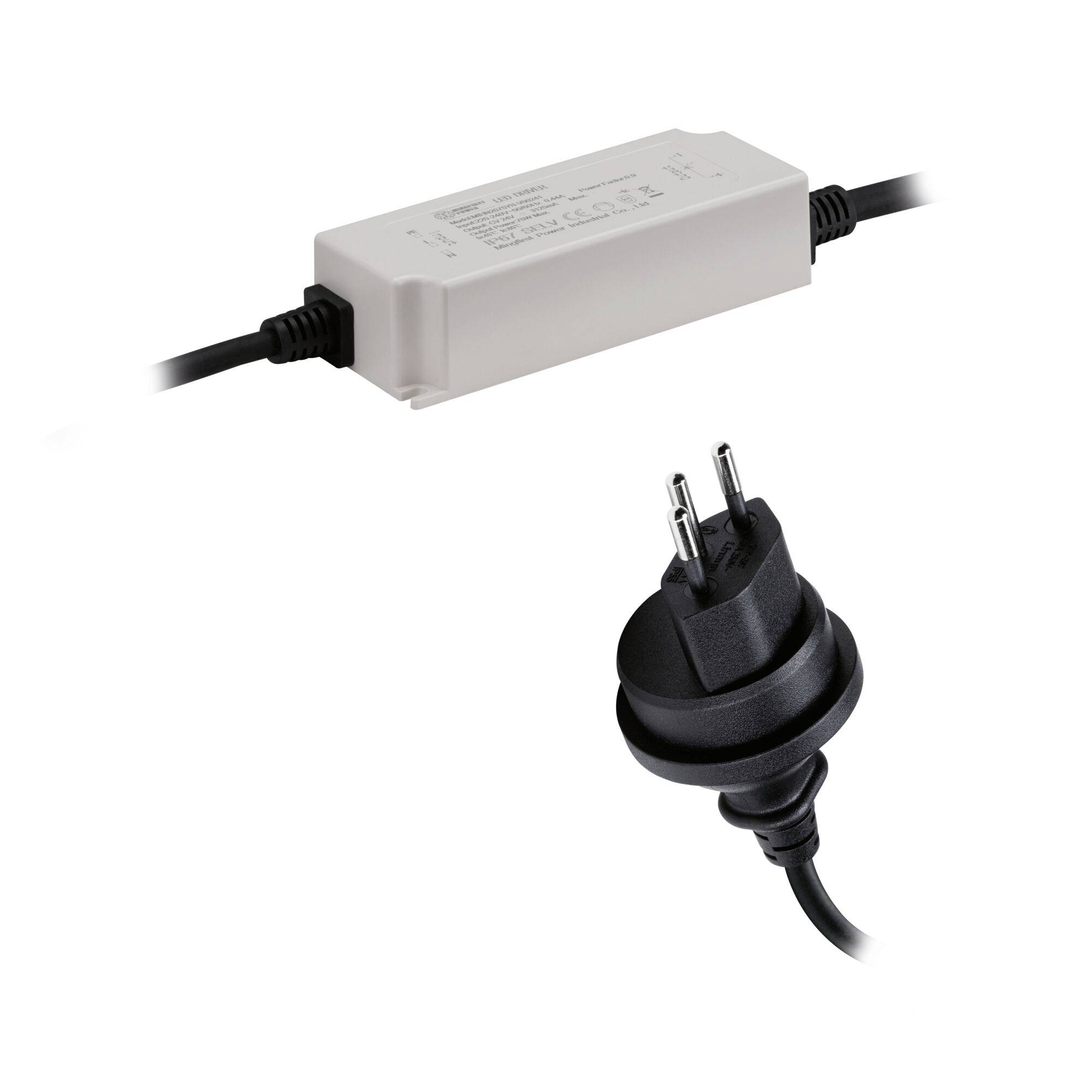 Ein schwarzes Netzkabel mit einem rechteckigen Adapter und einem zweipoligen Stecker, geeignet für elektrische Geräte in Europa.