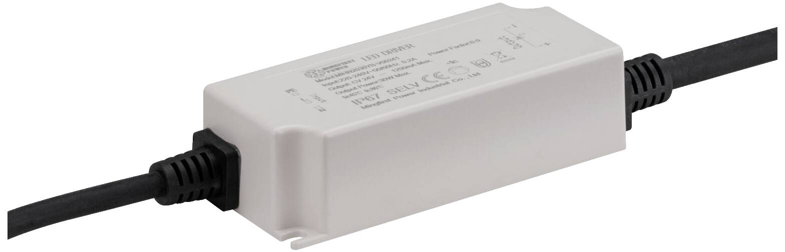 Ein rechteckiges LED-Netzteil mit Anschlusskabeln an beiden Enden. Es dient zur Stromversorgung von LED-Leuchten.