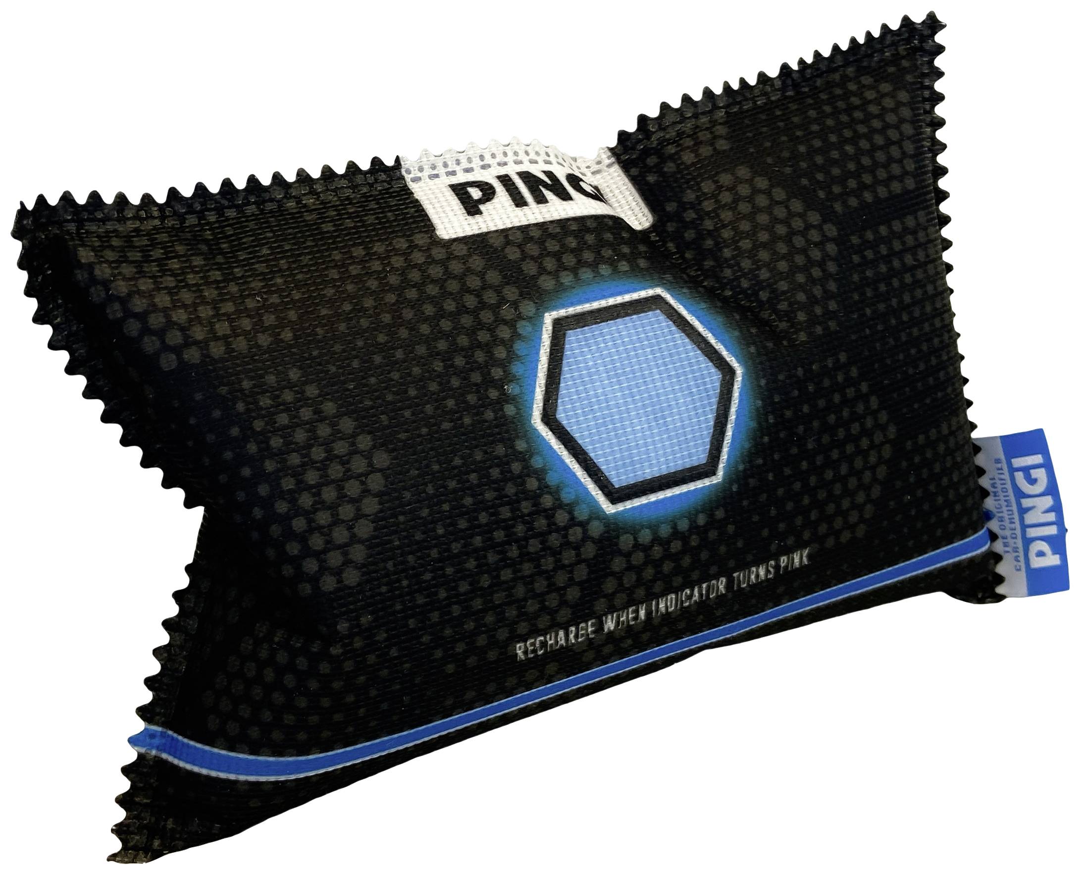 Ein rechteckiges Trockenmittel-Pad mit schwarzer Oberfläche, blauer Umrandung und Aufschrift 'PINGI'. Indikator für Feuchtigkeit.