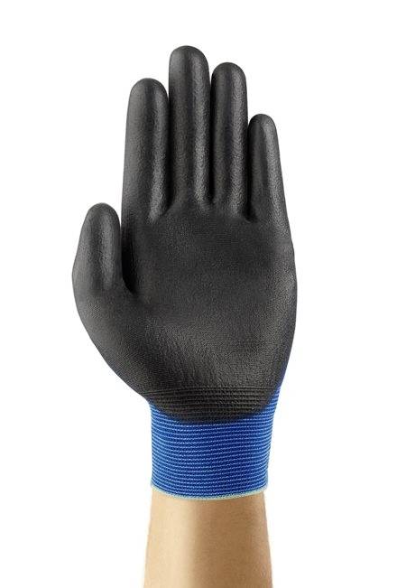 Schwarzer Handschuh auf ausgestreckter Hand, blauer Bund am Handgelenk.