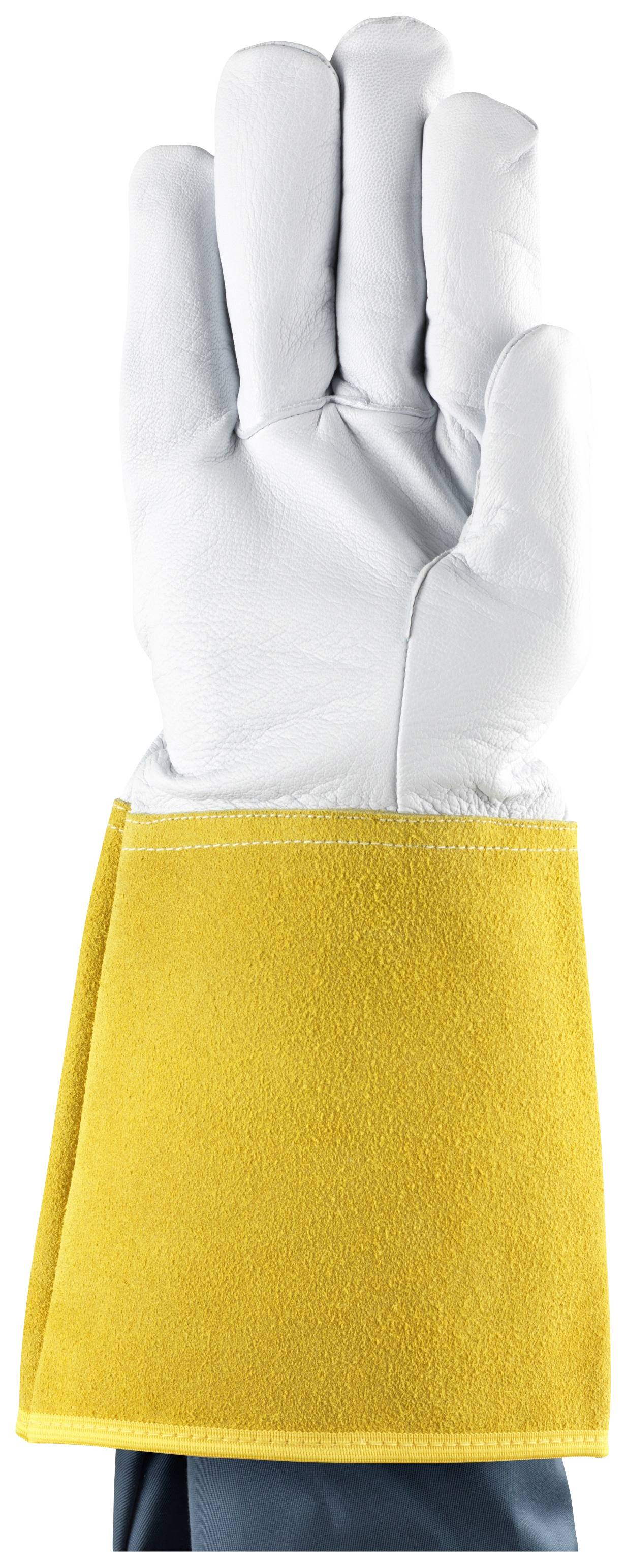Ein gelber Schutzhandschuh mit verlängertem Handgelenkschutz aus Leder, aufrecht stehend, vor weißem Hintergrund.
