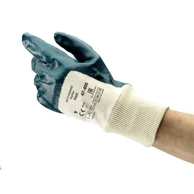 'Arbeiterhandschuh beschichtet, zeigt Schutz vor Flüssigkeiten und Abrieb. Linke Hand zeigt Handschuh von Rückseite, Handgelenk frei.'