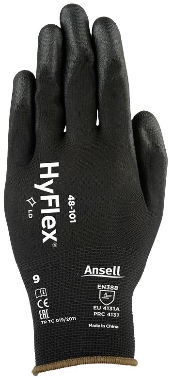 Schutzhandschuh von Ansell, Modell HyFlex 48-101, Größe 9. Bietet CE-Zertifizierung und Schutz gemäß EN388 Normen. Schwarz, aus China.