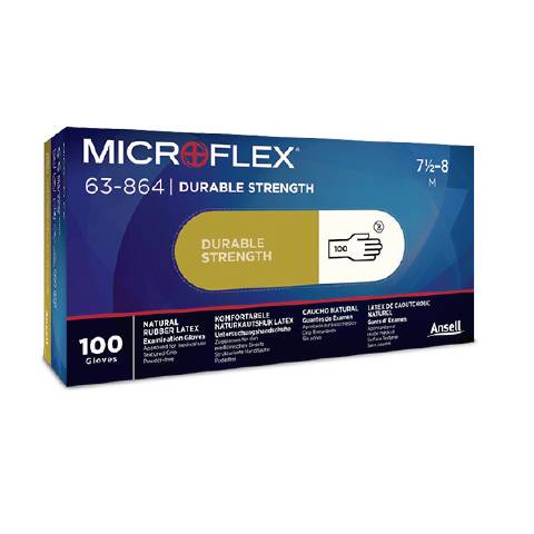 Verpackung von Microflex-Handschuhen, 100 Stück, Größe 7½-8 M. Text: 'Durable Strength', 'Natural Rubber Latex'.