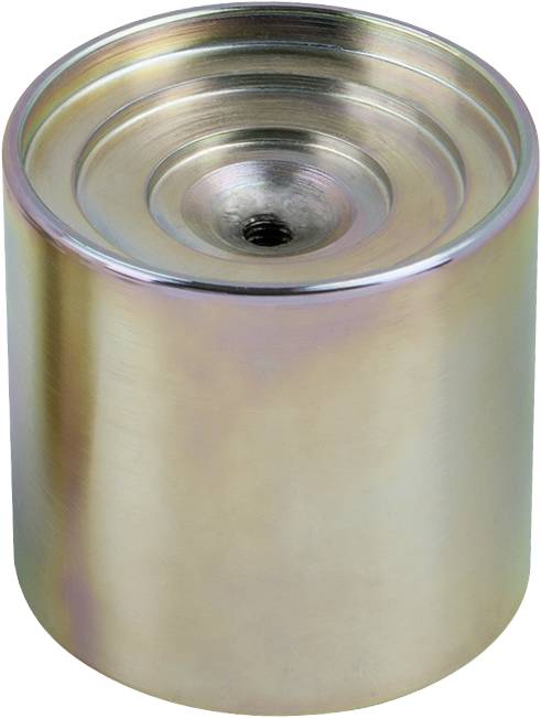 Zylindrischer Metallmagnet mit flacher Oberseite und glänzender Oberfläche, zentrales Loch zur Befestigung; zeigt robustes Design.