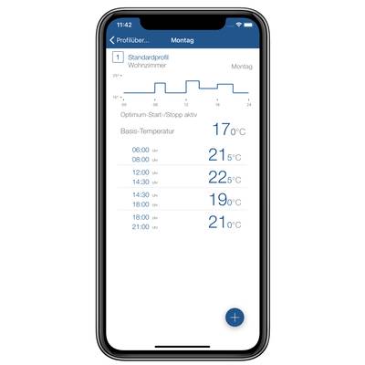 Ein Diagramm einer Heizungssteuerungs-App zeigt Temperaturprofile für Montag im Wohnzimmer mit Zeiten und Temperaturen von 17°C bis 22°C.
