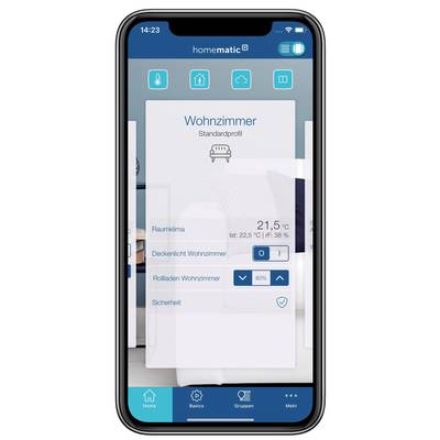Smartphone zeigt Home Control App. Ansicht eines Wohnzimmers mit Raumklima, Licht- und Rolladensteuerung. Temperatur 21,5°C, Luftfeuchtigkeit 38%.