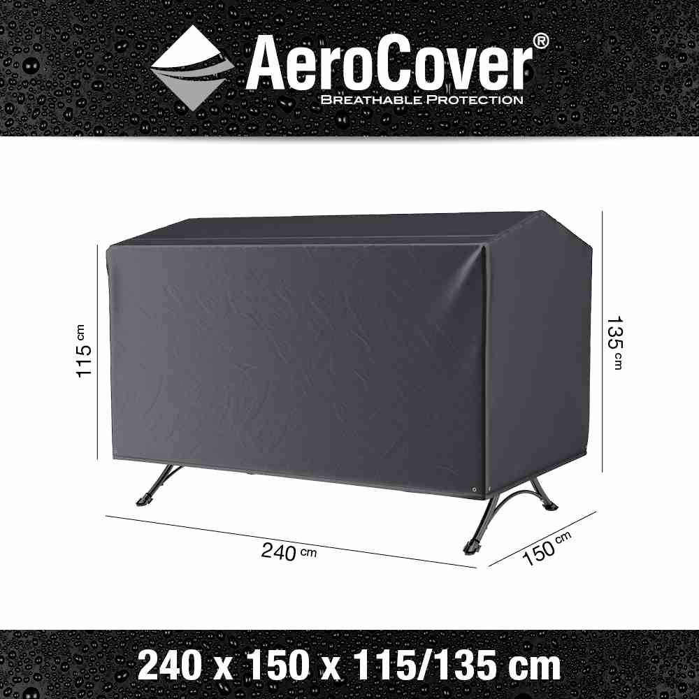 Schutzhülle für Gartenmöbel, rechteckig, schwarz. Maße: 240 x 150 x 115/135 cm. Werbung für 'AeroCover'.