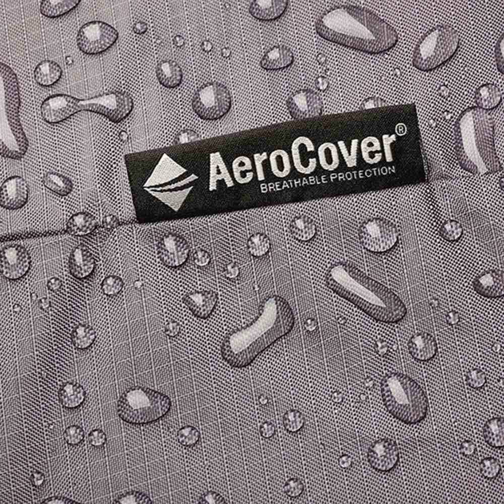 Wasserabweisender Stoff mit Wassertropfen und einem Etikett mit der Aufschrift 'AeroCover - Breathable Protection'.