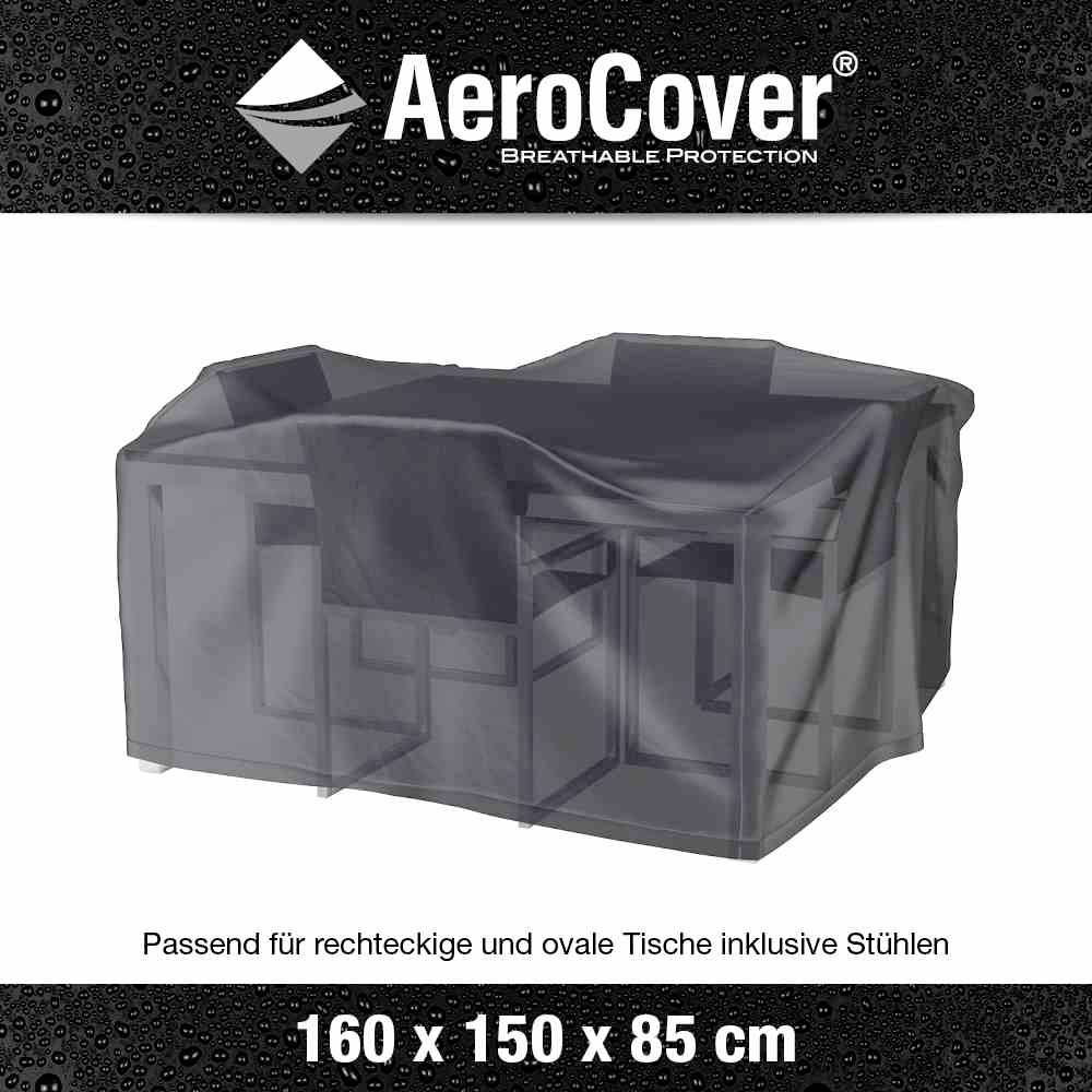 Schwarze AeroCover-Schutzhülle für rechteckige und ovale Tische mit Stühlen, Maße: 160 x 150 x 85 cm.
