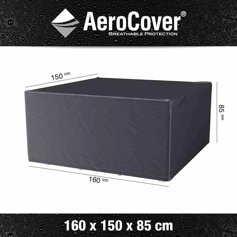 Rechteckige, schwarze Abdeckung für Gartenmöbel mit den Maßen 160 x 150 x 85 cm. Markenname 'AeroCover' oben sichtbar.
