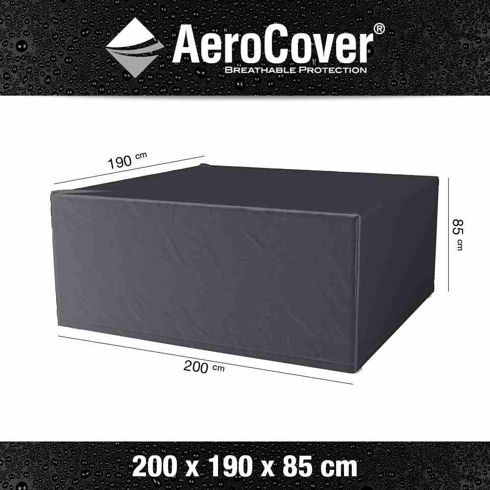 'Rechteckige, schwarze AeroCover-Abdeckung mit den Maßen 200 x 190 x 85 cm, geeignet für den Schutz von Möbeln im Freien.'