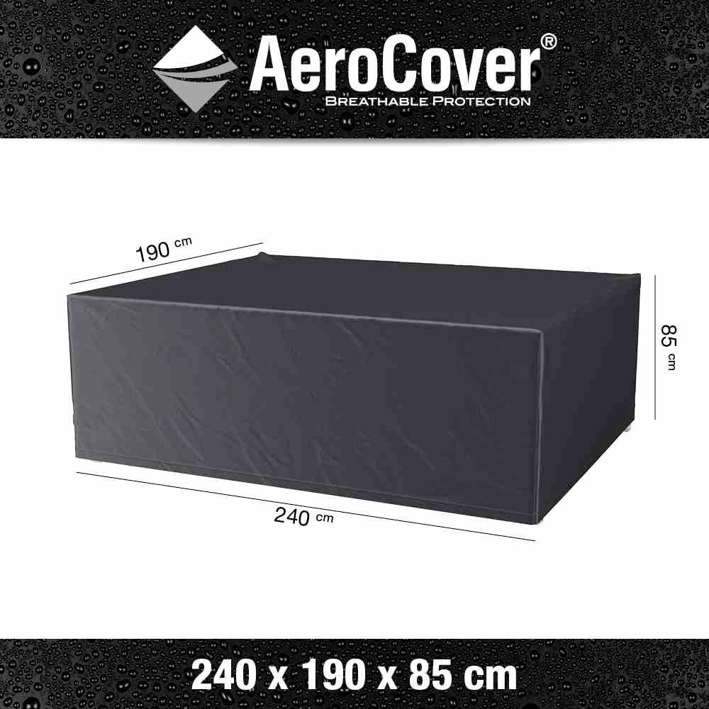Schutzhülle für Gartentisch, rechteckig, Maße: 240 x 190 x 85 cm, schwarz, atmungsaktives Material mit 'AeroCover' Logo oben.