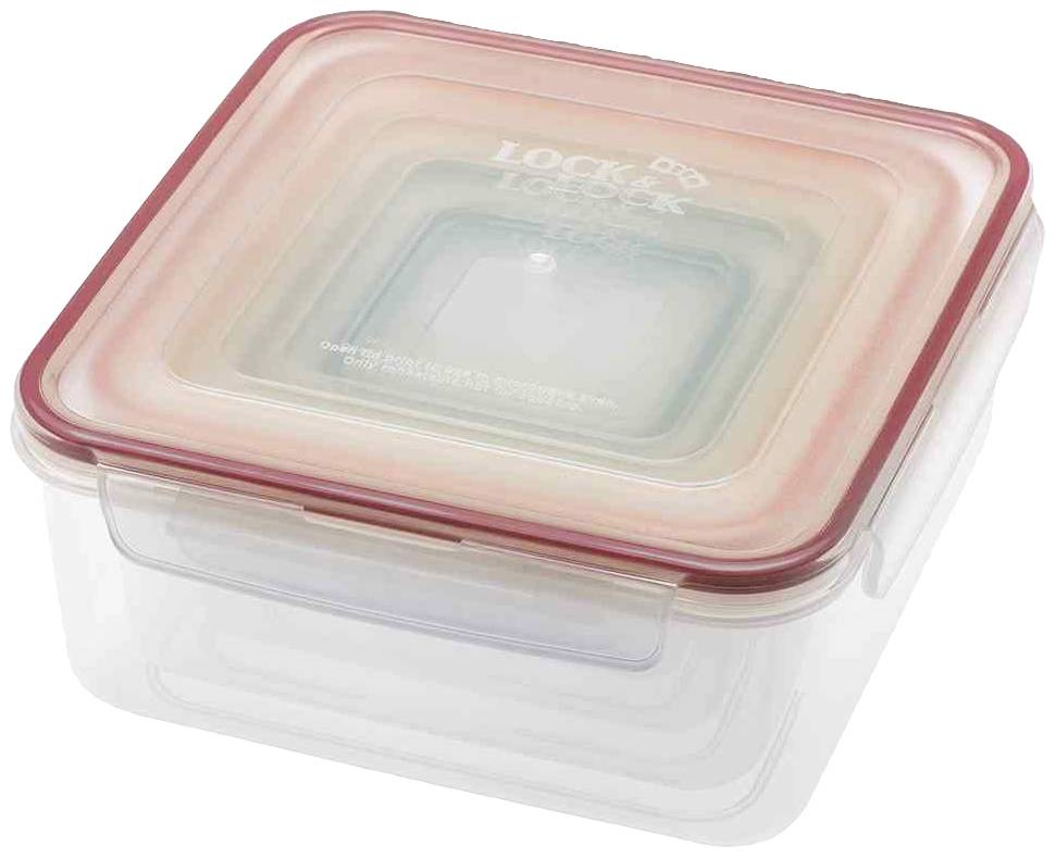 Ein transparenter Plastikbehälter mit rotem Deckel, geeignet zur Aufbewahrung von Lebensmitteln.
