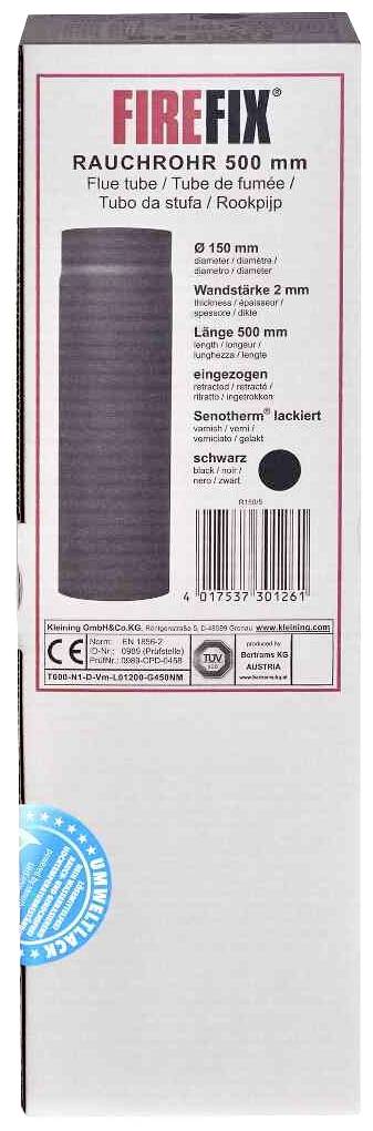 Verpackung für 'FIREFIX' Rauchrohr 500 mm, Ø 150 mm, Wandstärke 2 mm, Länge 500 mm, schwarz. Text in 4 Sprachen und Produktsiegel sichtbar.