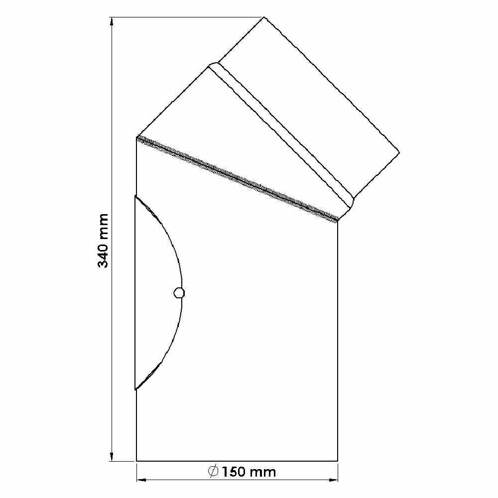 'Skizze eines Rohres mit 45-Grad-Gelenk, Höhe 340 mm, Durchmesser 150 mm.'