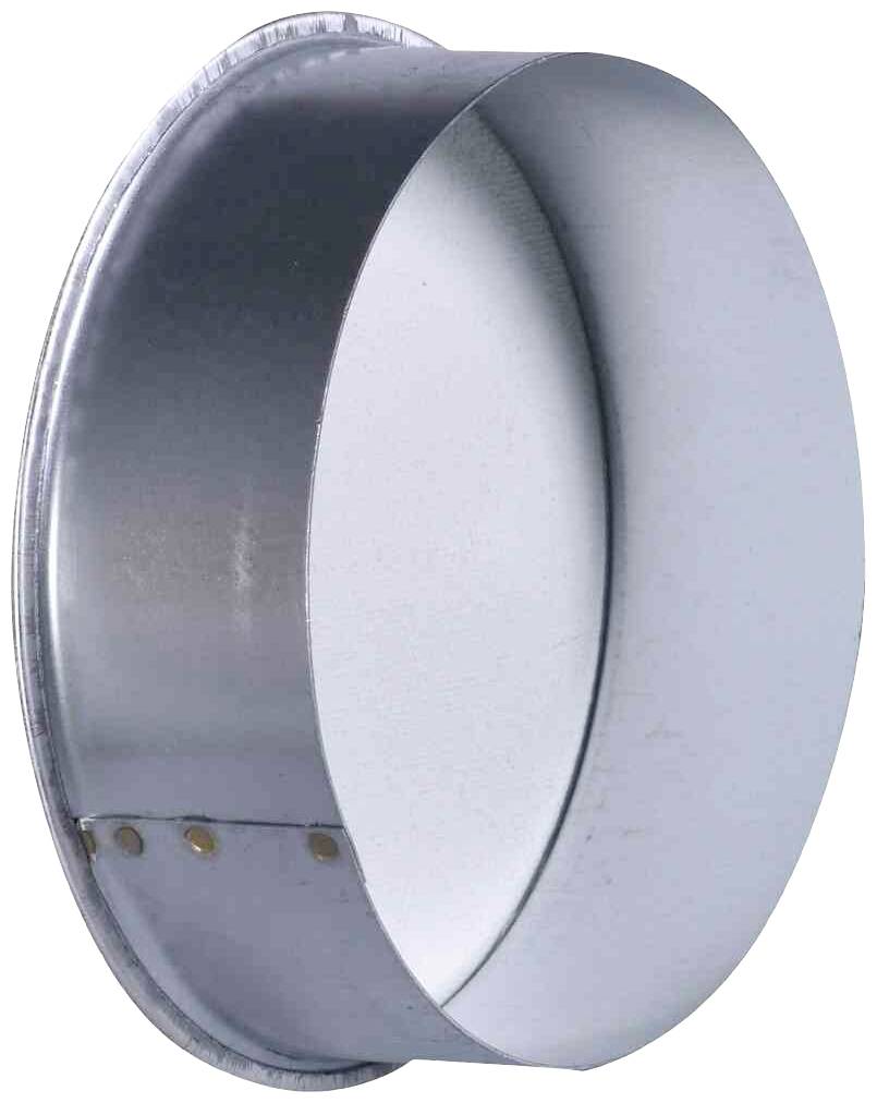 'Aluminium-Ofenrohrkappe mit abgerundetem Rand und Befestigungsschrauben. Verwendung zur Abdeckung des Endes eines Ofenrohrs.'