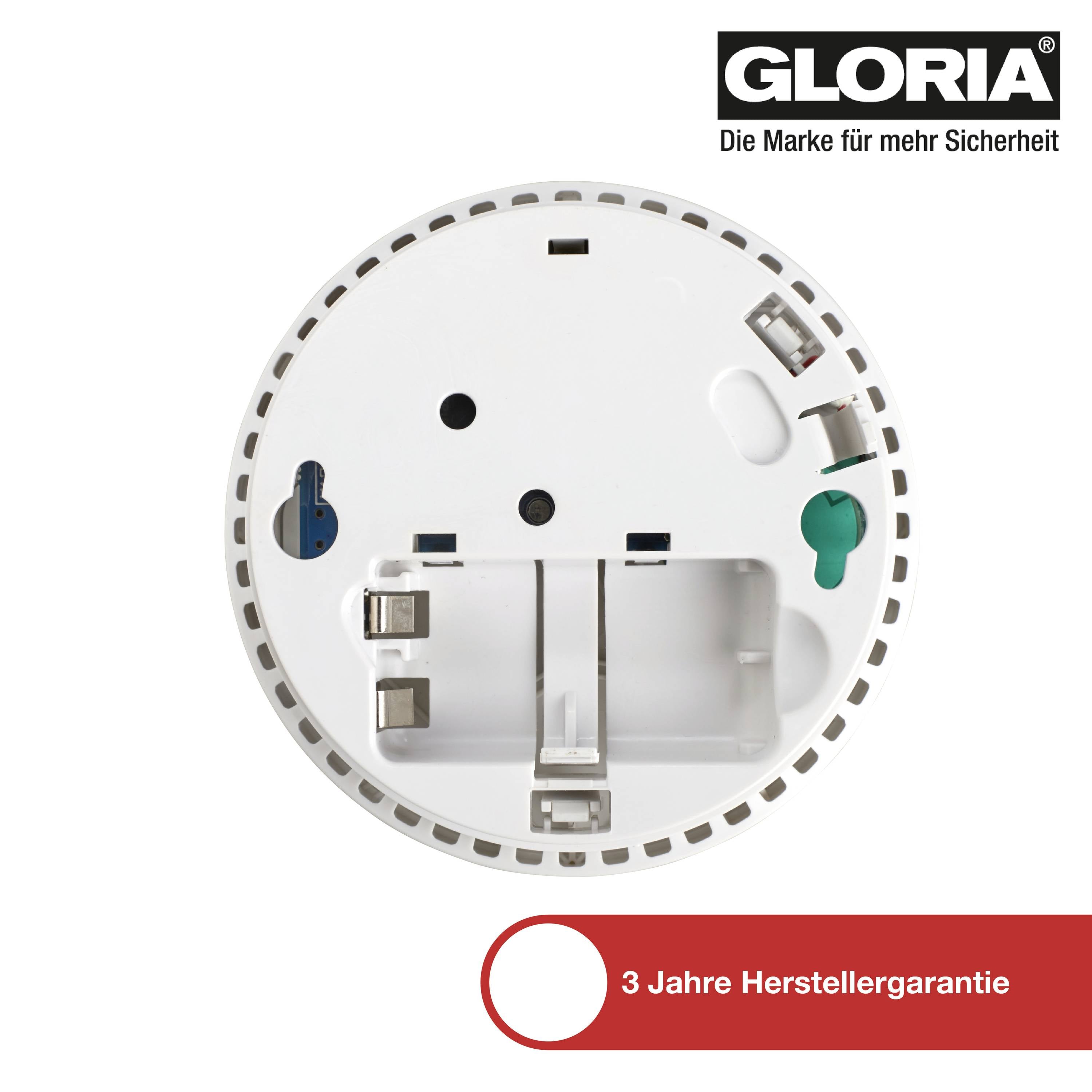 Rückseite eines Rauchmelders mit Logo 'GLORIA' und Schrift '3 Jahre Herstellergarantie' rechts unten in einem roten Kreis.