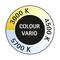 Ein Kreisdiagramm zeigt Farbtemperaturen: 3000 K (warmgelb), 4500 K (neutralweiß) und 5700 K (kühlweiß). Text in der Mitte: 'COLOUR VARIO'.