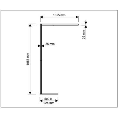 Technische Zeichnung eines L-förmigen Objekts mit Maßen: Höhe 1955 mm, Breite 1055 mm, Seitenlängen 35 mm und Sockel 500 x 225 mm.