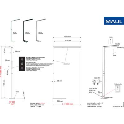Technische Zeichnung eines Standregals mit Maßen. Oben rechts das Logo 'MAUL' und Produktnummern. Links Abmessungen des Regals: 225 mm tief, 429 mm breit, 1438 mm hoch.