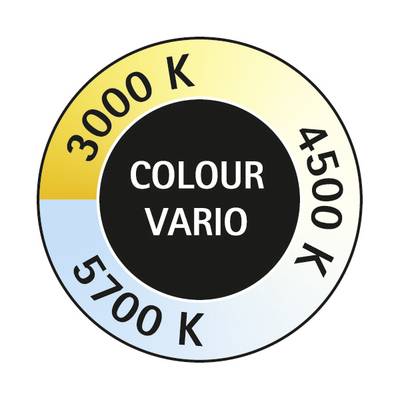 Ein Kreis zeigt drei Farbtemperaturen: 3000 K (warm), 4500 K (neutral), 5700 K (kalt), mit der Mitte als 'COLOUR VARIO' gekennzeichnet.