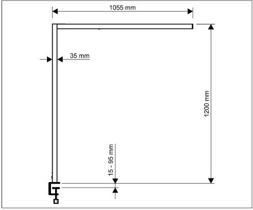 Abmessungsskizze einer Konstruktion mit einer L-förmigen Struktur: Höhe 1200 mm, Breite oben 1055 mm, Breite unten 35 mm.