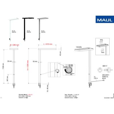 Technische Zeichnung einer LED-Lampe mit Maßen: Höhe 2260 mm, Breite 610 mm, Tiefe 260 mm. Enthält Details zu Form und Schalterposition.