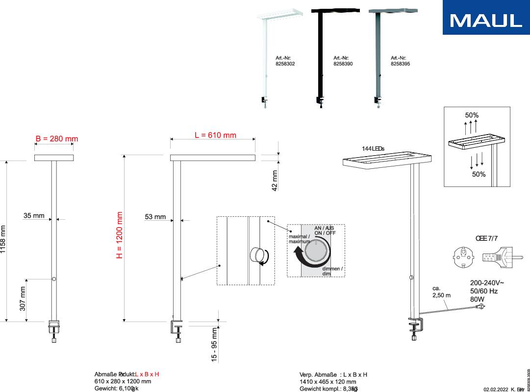 Technische Zeichnung einer LED-Schreibtischleuchte mit Abmessungen und Details zu Design und Funktionen, präsentiert von MAUL.
