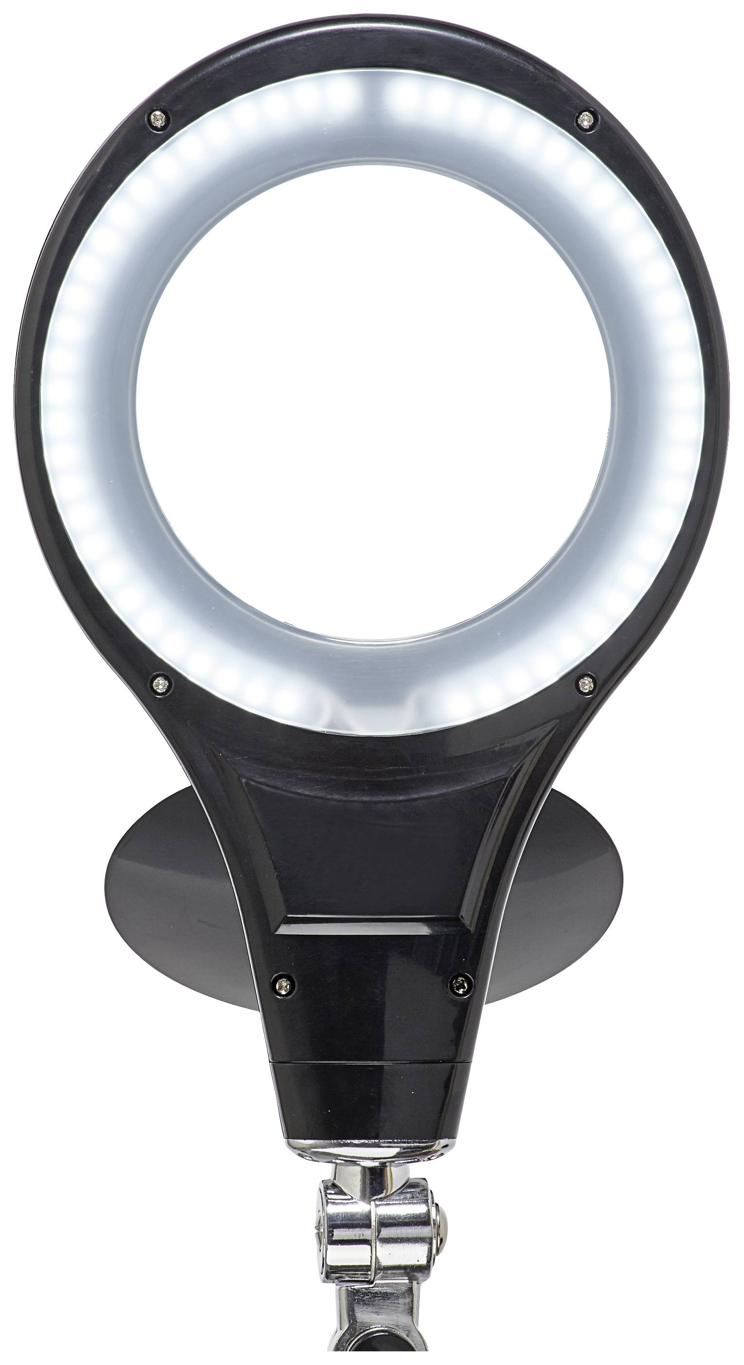 Ein runder LED-Leuchtring, befestigt auf einem Ständer, leuchtet hell in weißem Licht. Ideal für Fotografie und Videoaufnahmen.