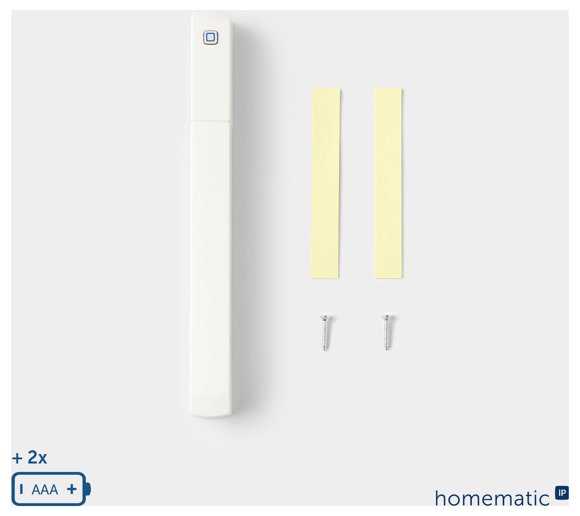 Kabelloses Türsensor-Set mit einem weißen Sensor, zwei Klebestreifen und zwei Schrauben, Marke 'homematic IP'.