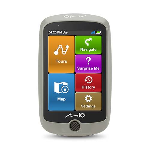 Ein GPS-Gerät mit buntem Touchscreen zeigt sechs Menüoptionen: 'Navigate', 'Tours', 'Surprise Me', 'Map', 'History', 'Settings'.