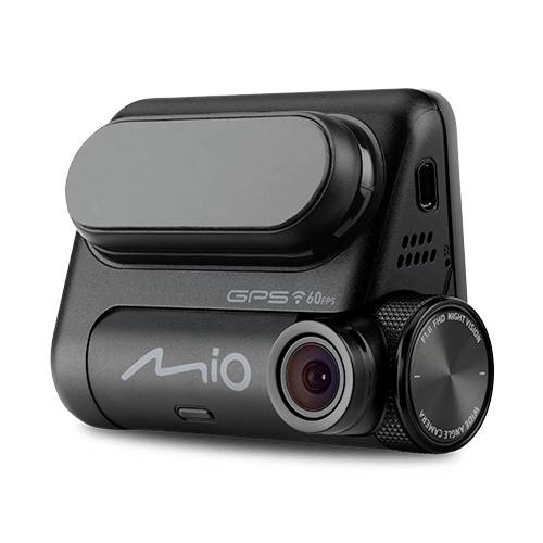 Eine schwarze Dashcam mit GPS und 60FPS-Funktionalität. Die Vorderseite trägt den Schriftzug 'Mio'.
