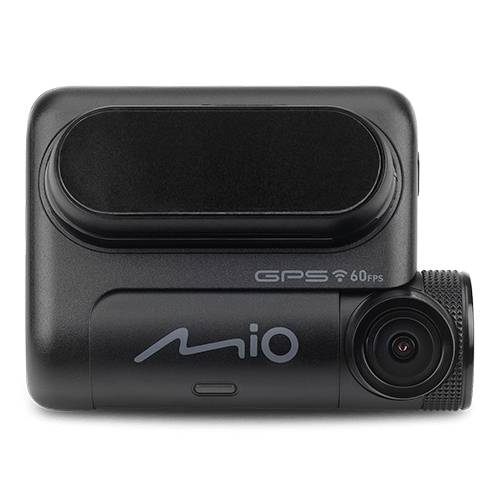 Eine kompakte schwarze Kamera mit Objektiv und Display, beschriftet mit 'GPS' und 'mio'.