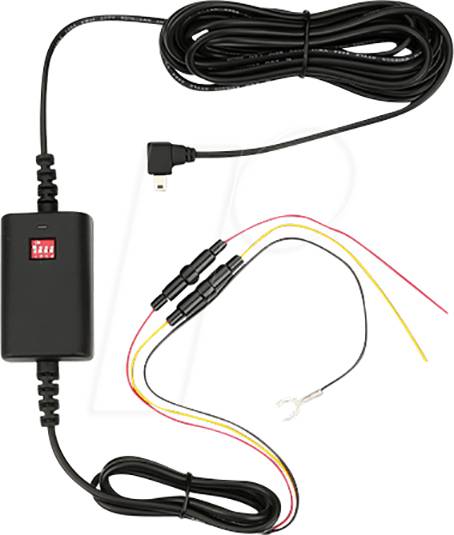 Ein schwarzes Kabel mit drei offenen Enden und einem kleinen Kunststoffknoten, verwendet für die Verbindung von elektronischen Geräten.