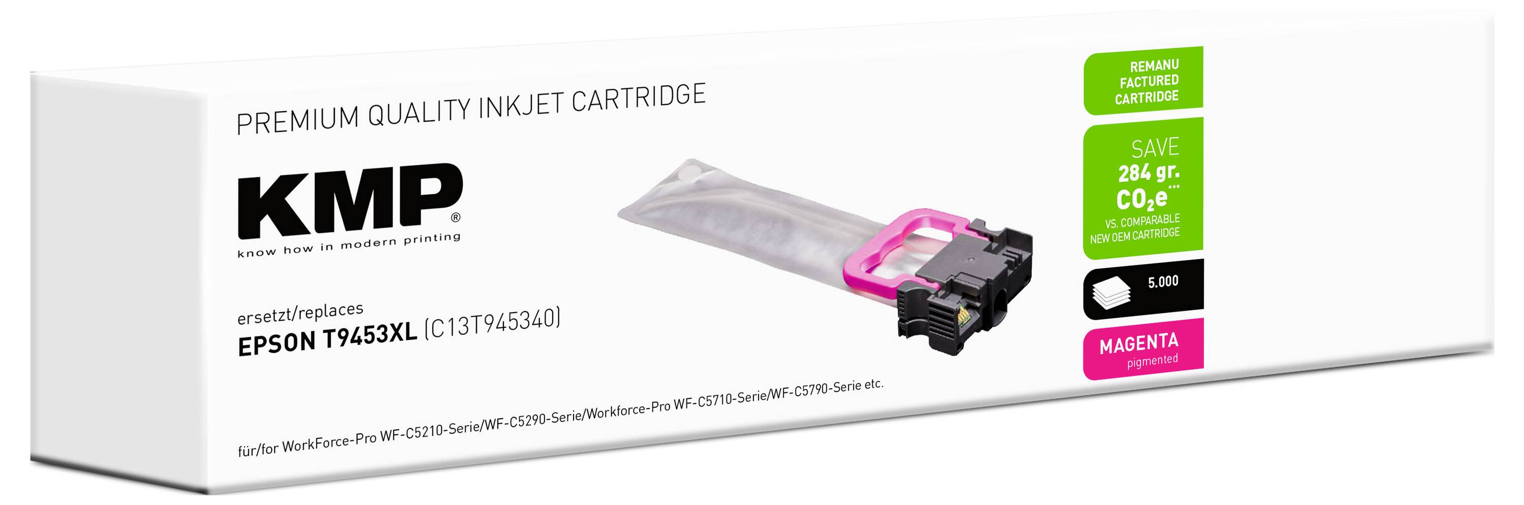 KMP Premium-Qualität Tintenstrahlpatrone für Epson T9453XL Magenta, mit Abbildung der Patrone und Sparetiketten.