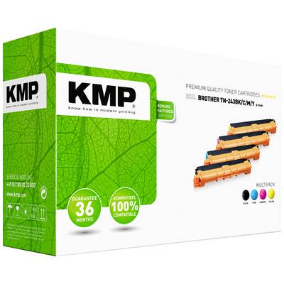 Verpackung von KMP-Toner für Brother-Drucker, Modelle TN-243BK/C/M/Y. Enthält vier Tonerkartuschen. Garantiert 36 Monate.