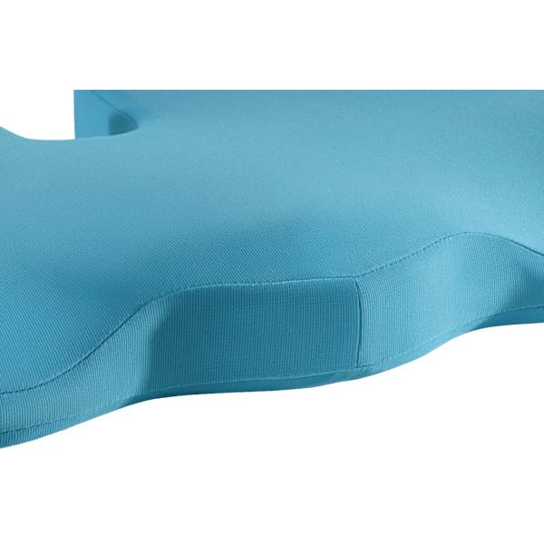 Ein hellblaues ergonomisches Kissen mit wellenförmigem Design für optimalen Sitzkomfort und Unterstützung der Körperhaltung.