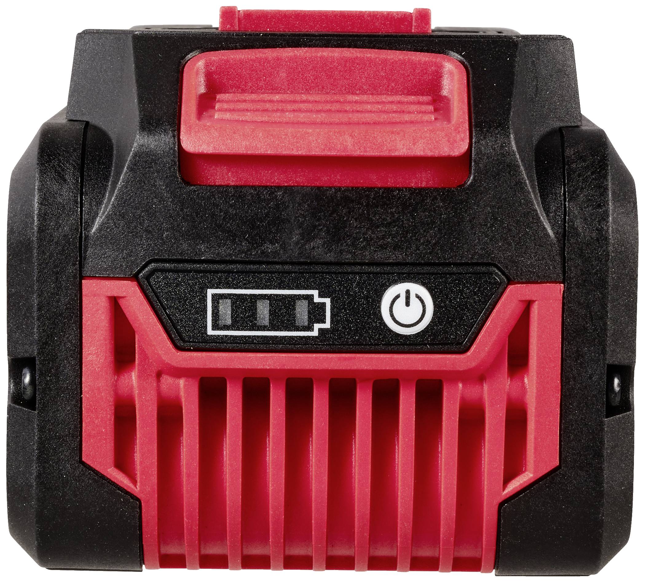 Ein schwarzes und rotes Akku-Pack mit einer Ladeanzeige von 75 % und einem Einschaltsymbol in der Mitte.