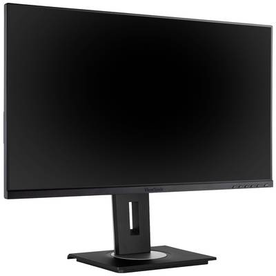 'Schwarzer Computermonitor mit flachem Bildschirm und schmalem Rahmen auf rechteckigem Standfuß, ausgeschaltet.'
