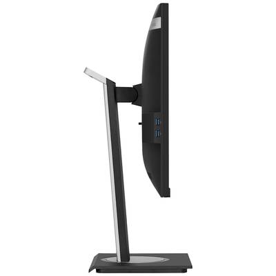 Ein moderner Computerbildschirm mit seitlichem Profil auf einem verstellbaren Standfuß, zeigt USB-Anschlüsse an der Rückseite.