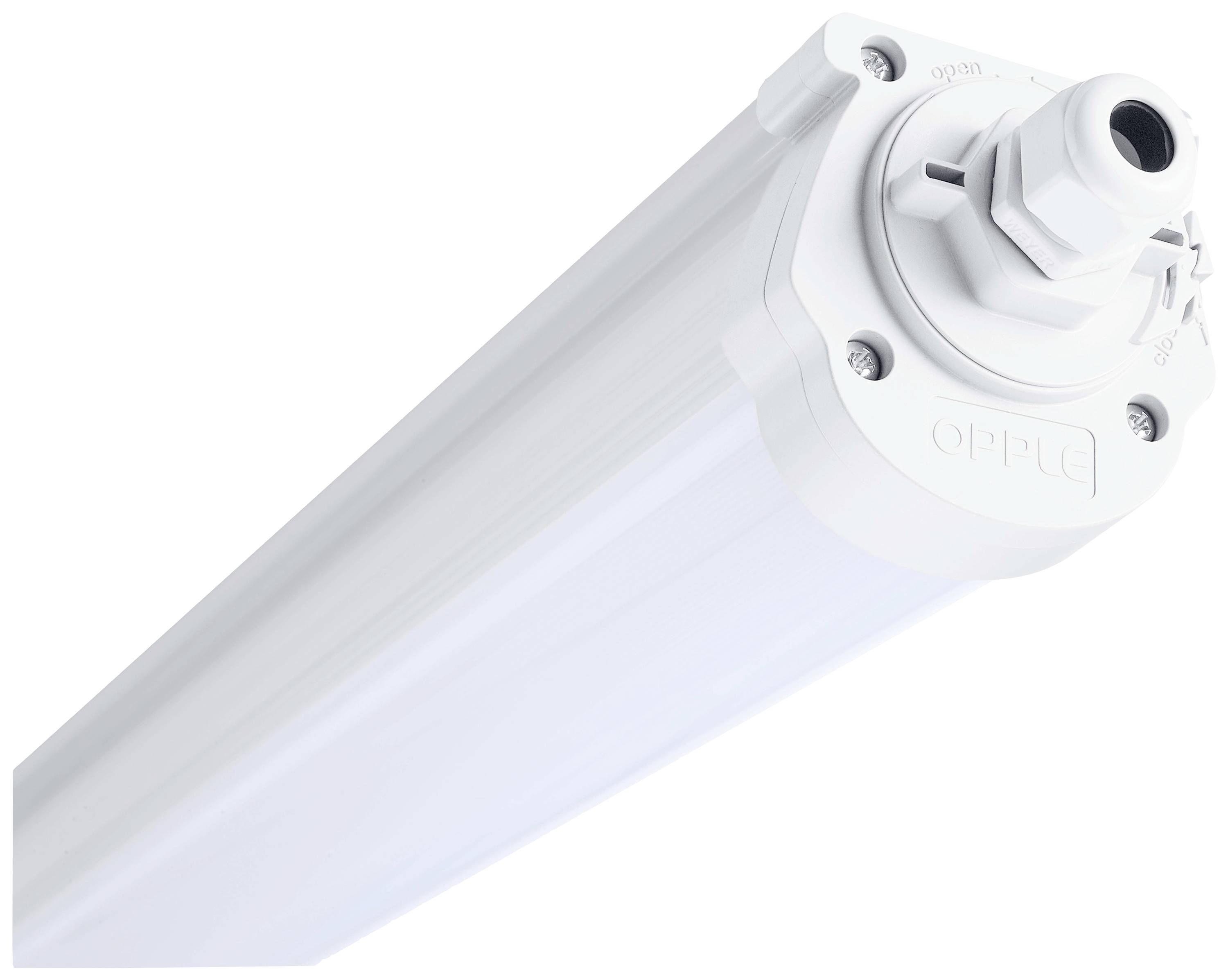 Weiße LED-Röhre von OPPLE, zylindrisch mit Anschluss für elektrische Verdrahtung, geeignet für Beleuchtung in Innenräumen.