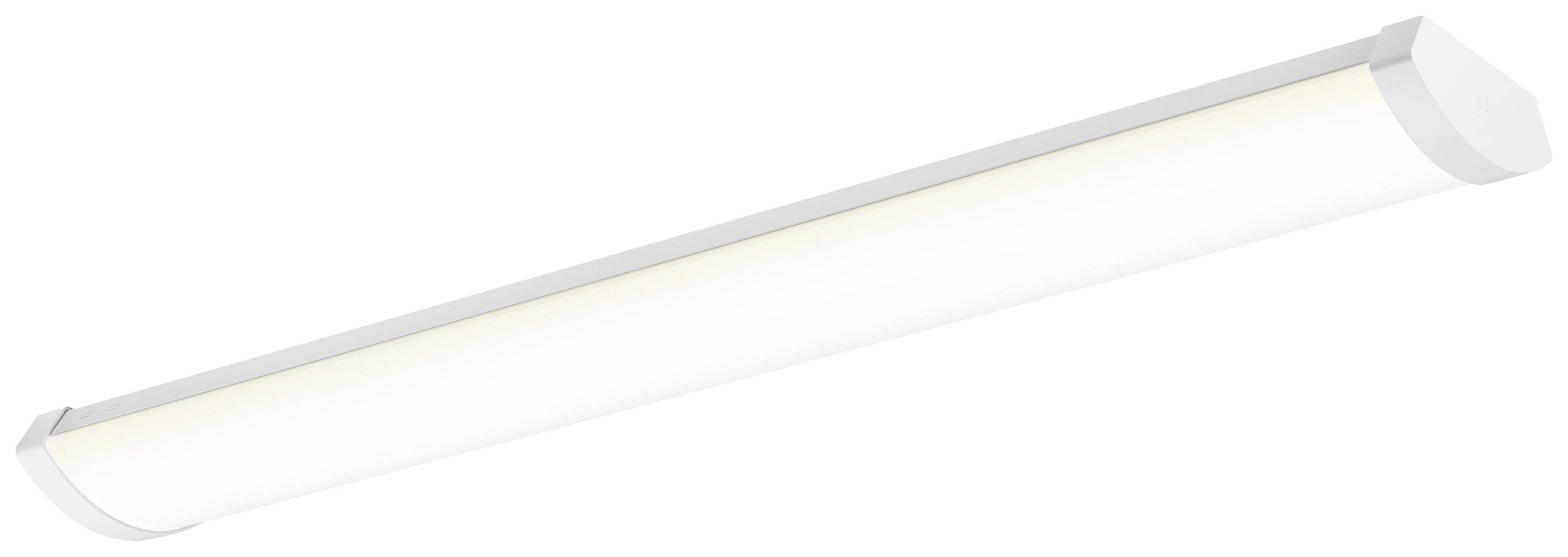 Eine moderne, längliche LED-Deckenleuchte mit weißem Gehäuse, die sanftes, gleichmäßiges Licht ausstrahlt. Geeignet für Büros oder Wohnräume.